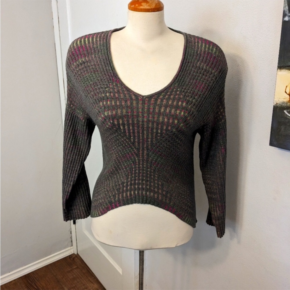 Missoni Scoop Neck Ribbed Knit Sweater in Charcoal with Pink Accents